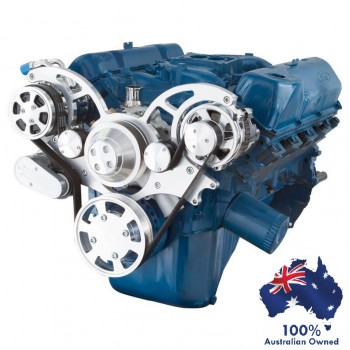 FORD FALCON MUSTANG CLEVELAND 351C, 351M AND 400 SERPENTINE PULLEY AND BRACKET COMPLETE KIT WITH ALTERNATOR AIR CONDITIONING ALL INCLUSIVE - POLISH FINISH