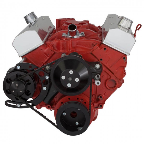 CHEVY SBC 283 350 400 SMALL BLOCK VEE BELT KIT - ALTERNATOR ONLY PULLEYS AND BRACKET LONG WATER PUMP BLACK BEAST FINISH