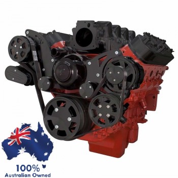 GM HOLDEN CHEVY LS 1,2,3 AND 6 ENGINE SERPENTINE KIT - AC AIR COMPRESSOR, ALTERNATOR & POWER STEERING PULLEY AND BRACKETS BLACK FINISH SUIT ELECTRIC WATER PUMP